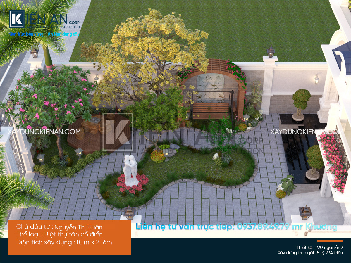 Mẫu thiết kế không gian sân vườn của mẫu biệt thự 2 tầng kiểu pháp