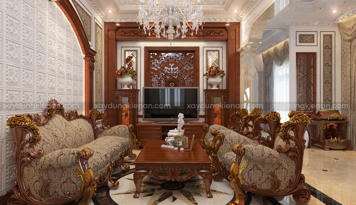 Bộ bàn ghế gỗ kết hợp với nền nhà gạch men sáng bóng làm cho phòng khách trở nên sinh động hơn.