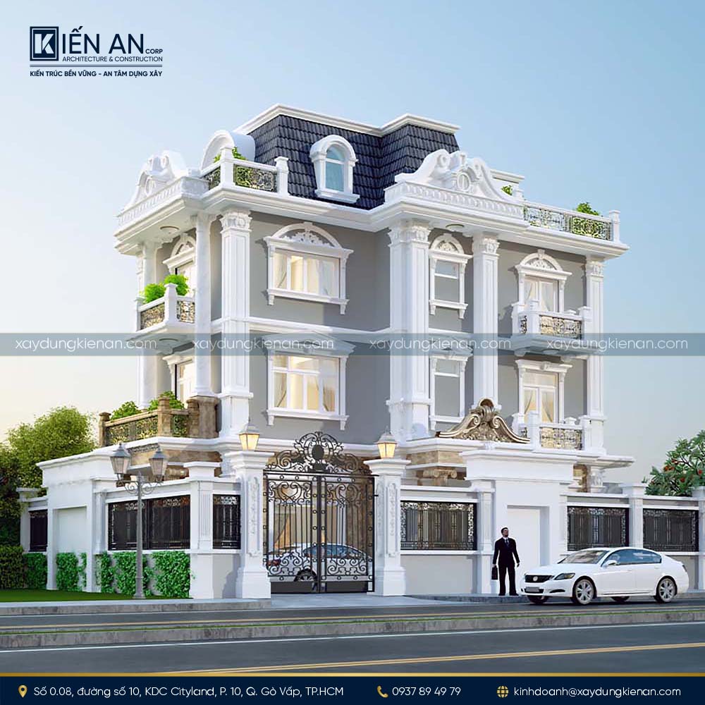 Biệt thự tân cổ điển tone màu ghi sang trọng, 3 tầng với kiến trúc bề thế.