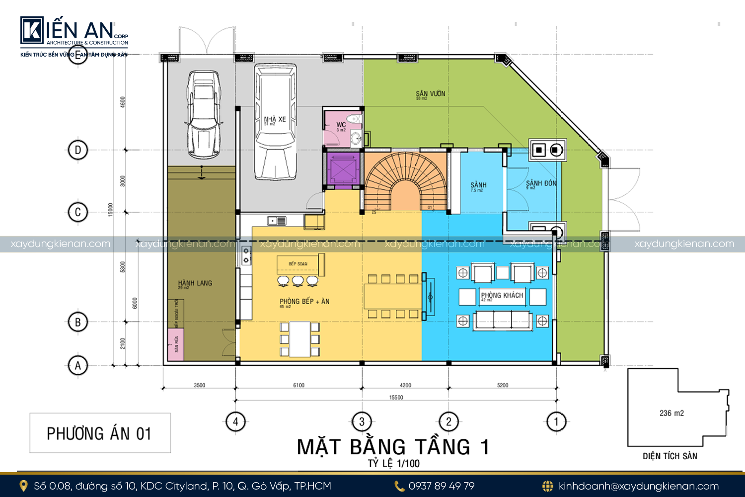 Tầng 1: Không gian sinh hoạt chung với phòng khách lớn, khu vực bếp và phòng ăn. Bố trí thông thoáng giúp gia đình tận hưởng sự tiện nghi và thoải mái.