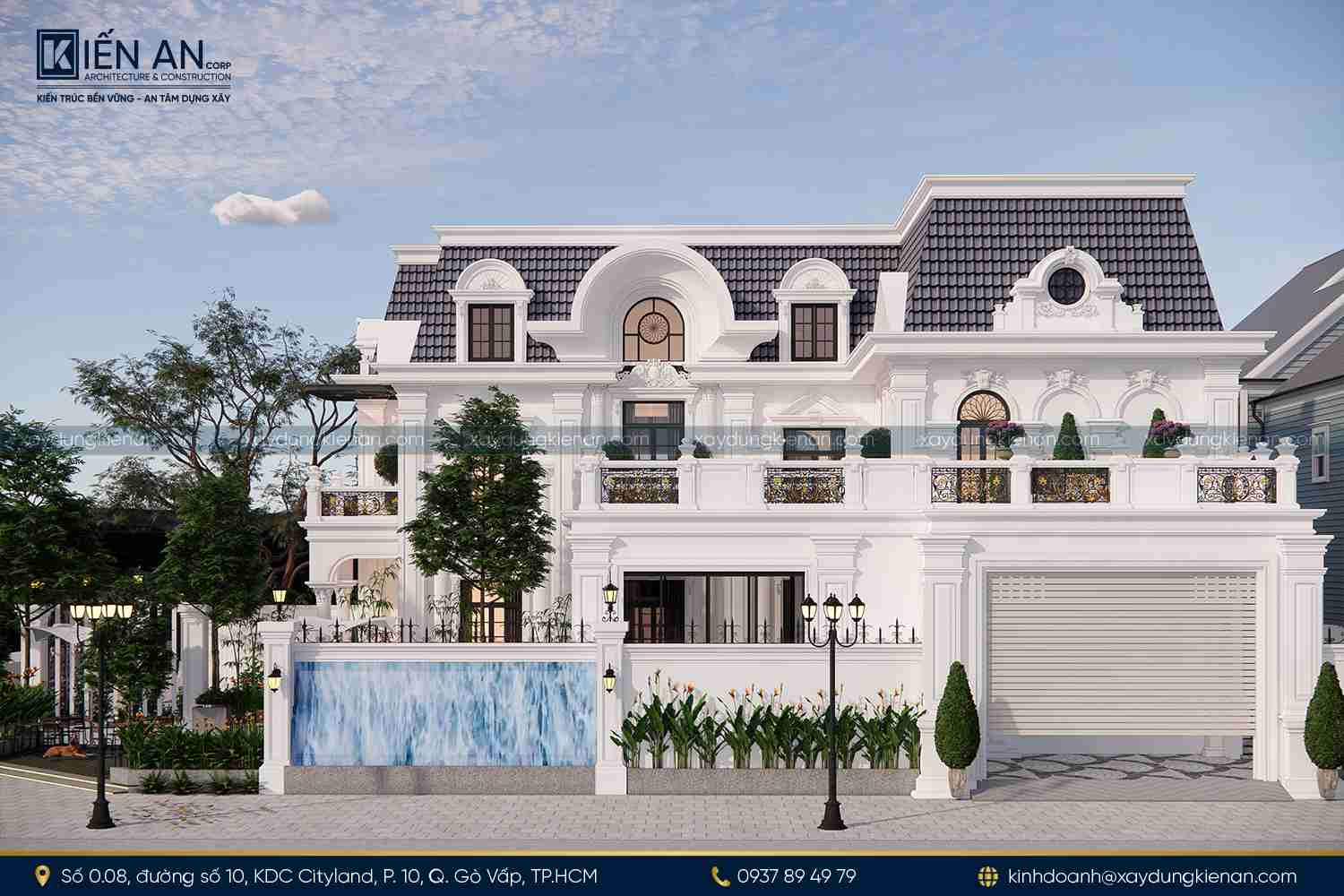 Thiết kế mái Mansard độc đáo kết hợp với phào chỉ đắp nổi tinh tế, mang đến vẻ đẹp sang trọng và bề thế cho biệt thự tân cổ điển.