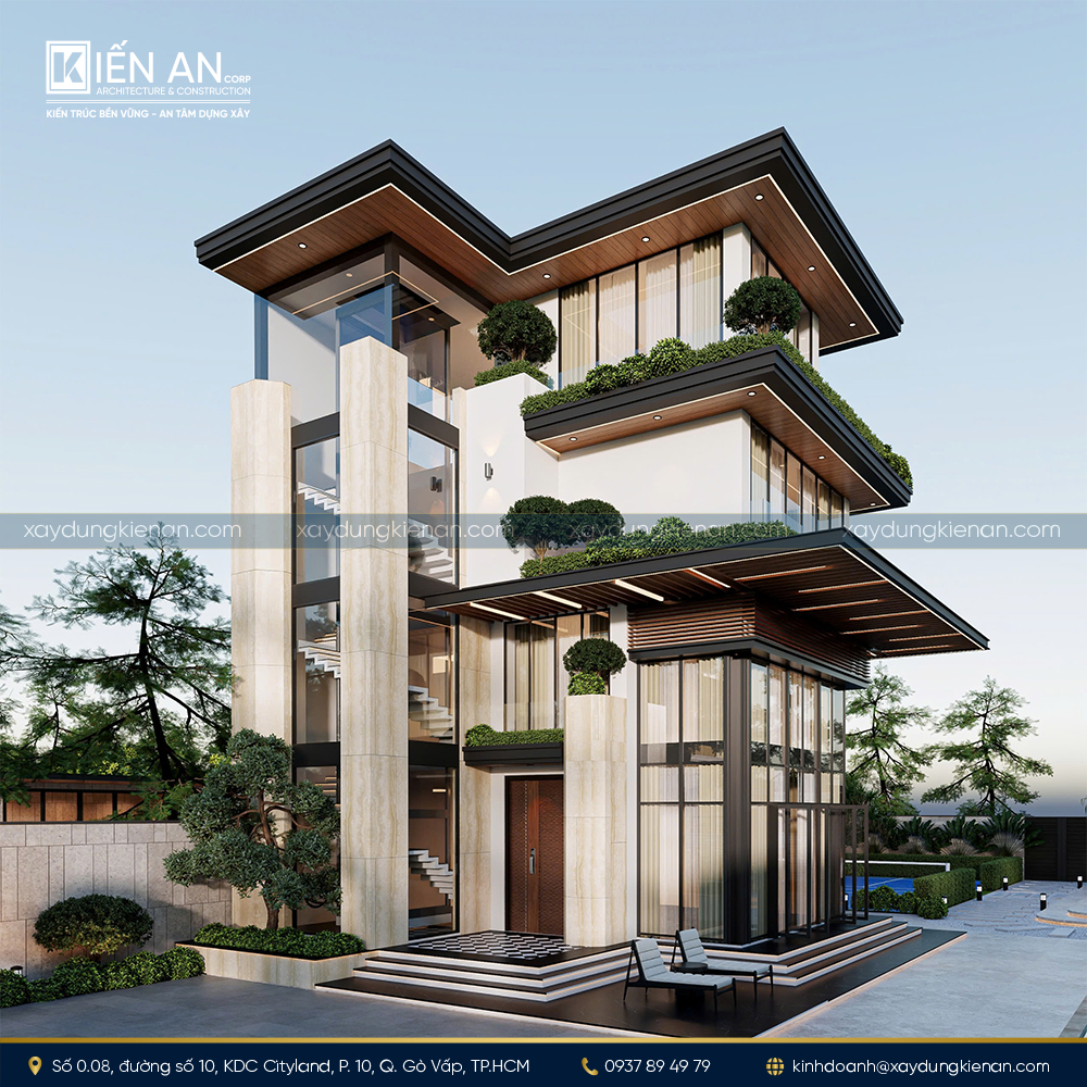 Góc nhìn xéo của biệt thự hiện đại 3 tầng