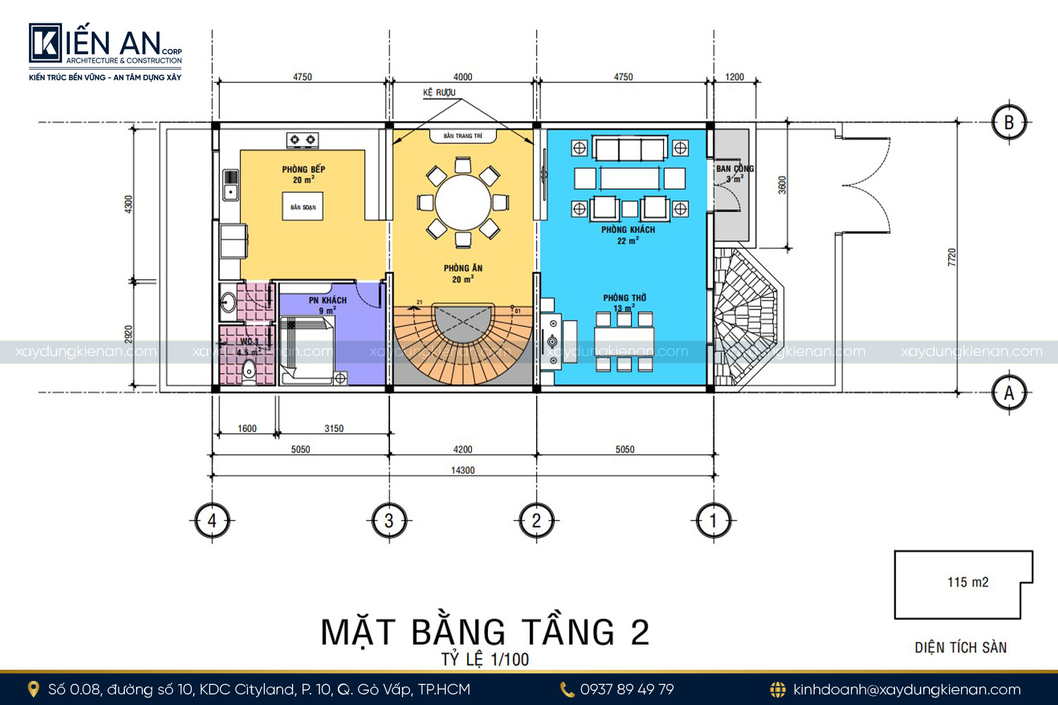 Bản vẽ công năng tầng 2 nhà 3 tầng mặt tiền 8m